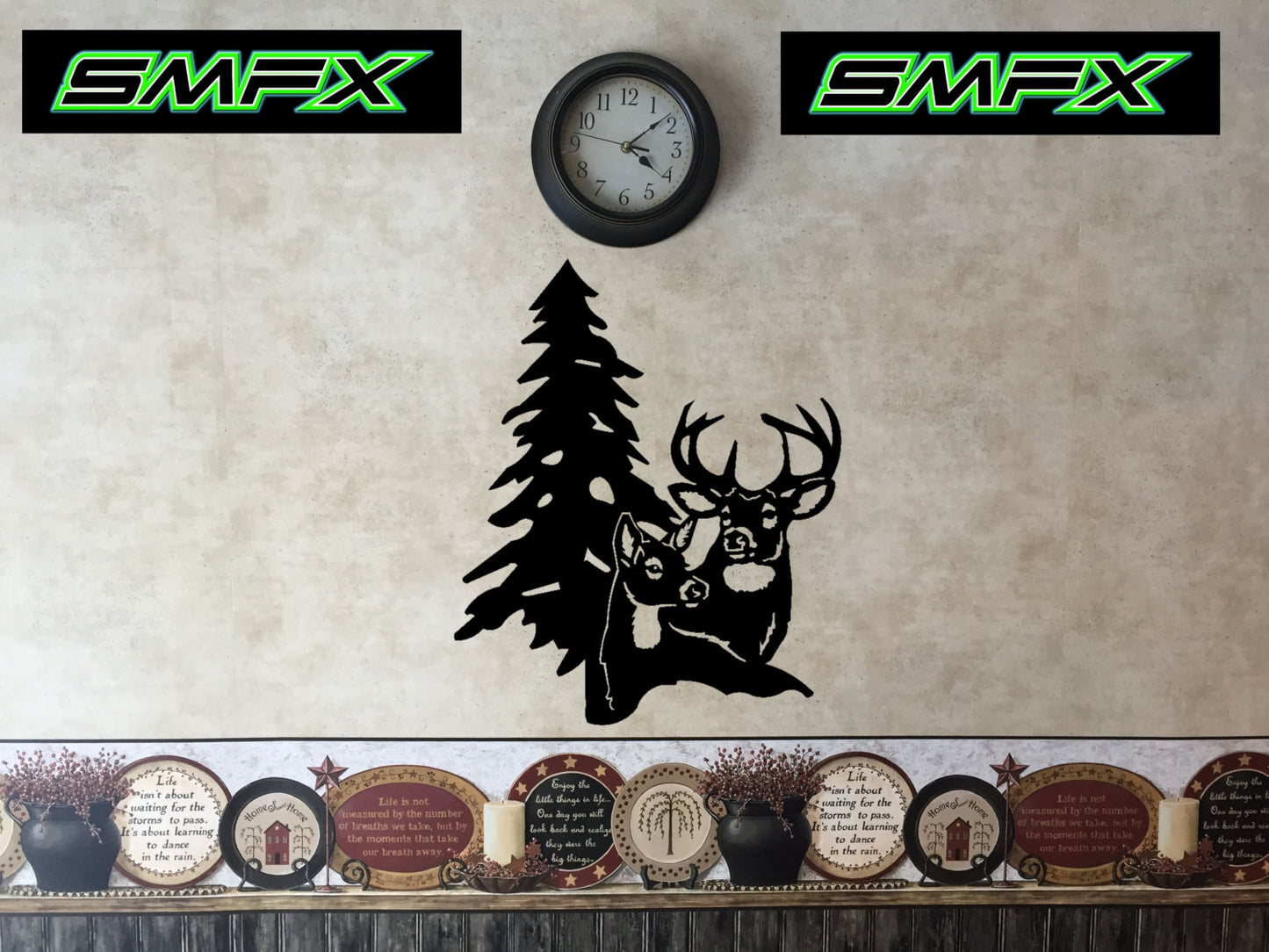 Deer doe and pine tree metal wall art