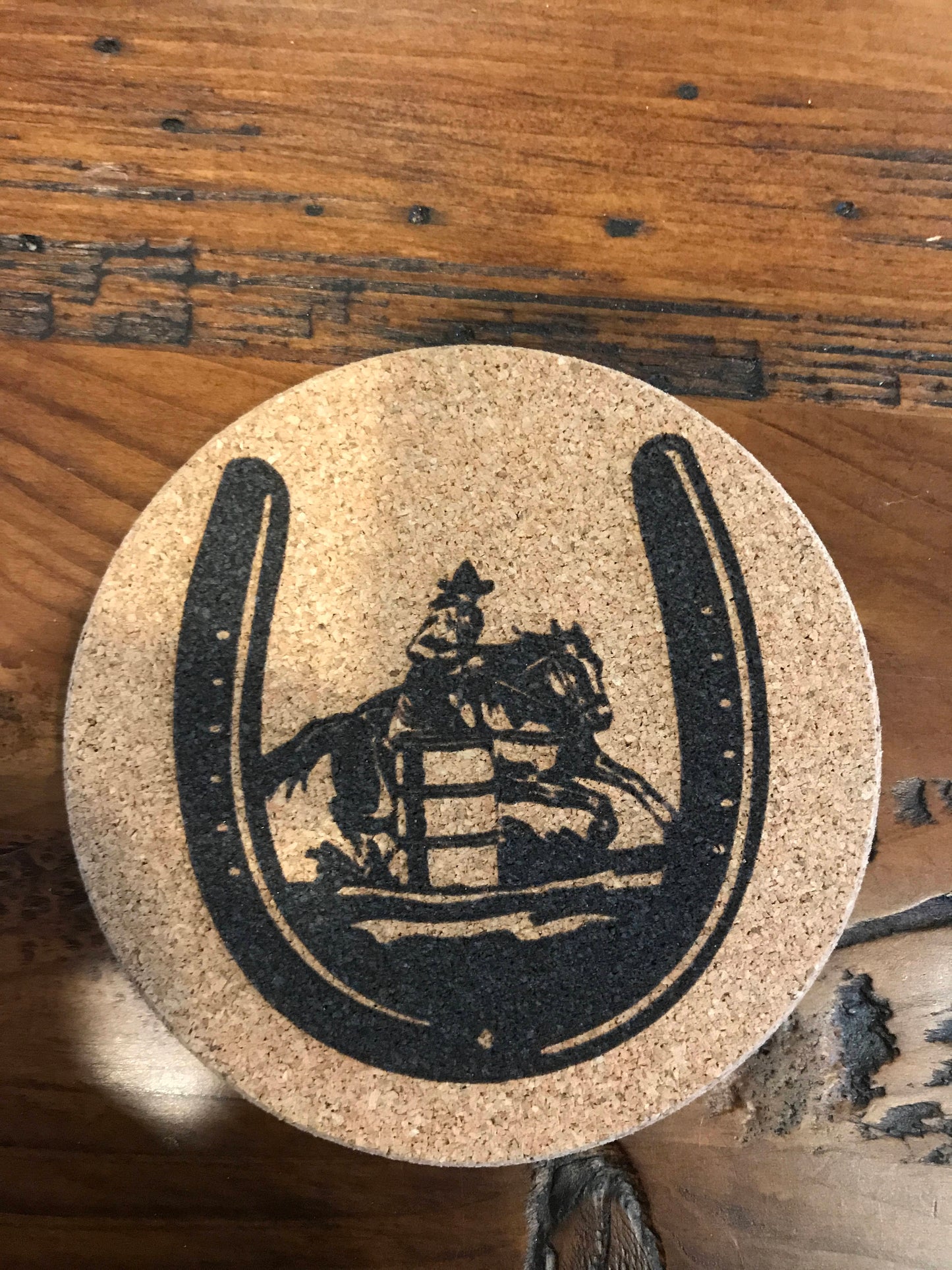 Horse in horse shoe Cork coaster laser engraved set of 4