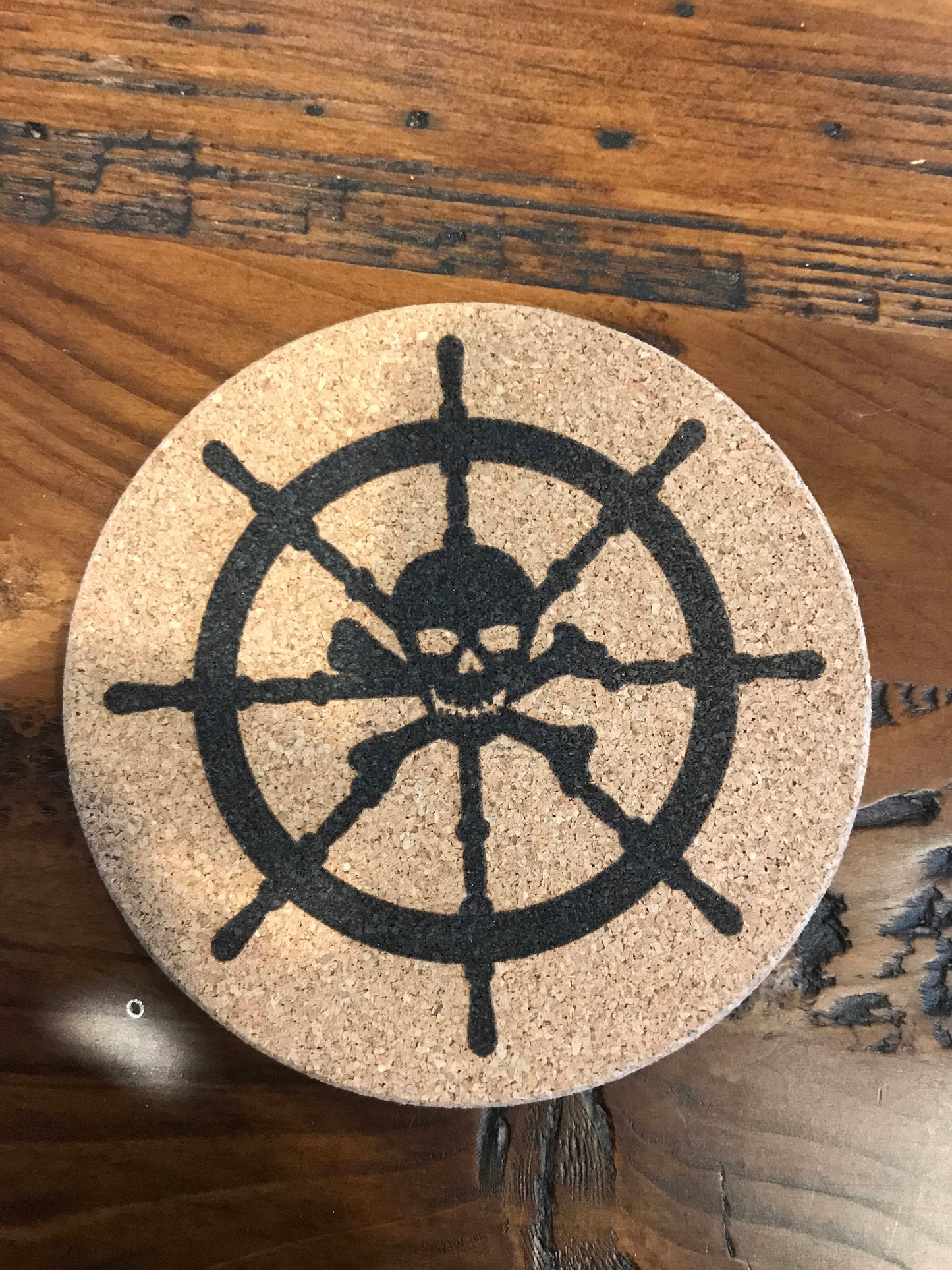 Pirate skull wheel Cork coaster laser engraved set of 4