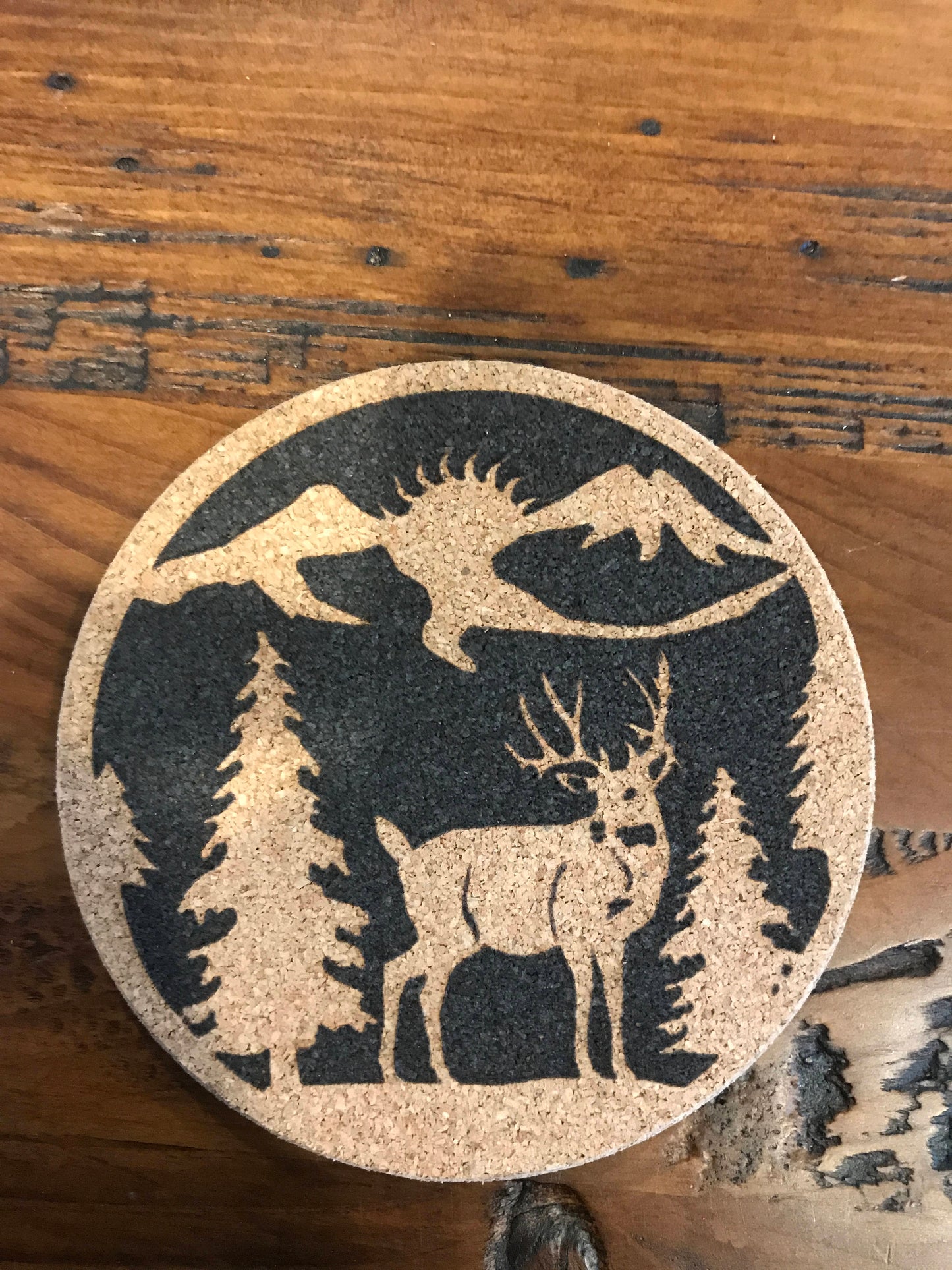 Buck Dear Cork coaster laser engraved set of 4