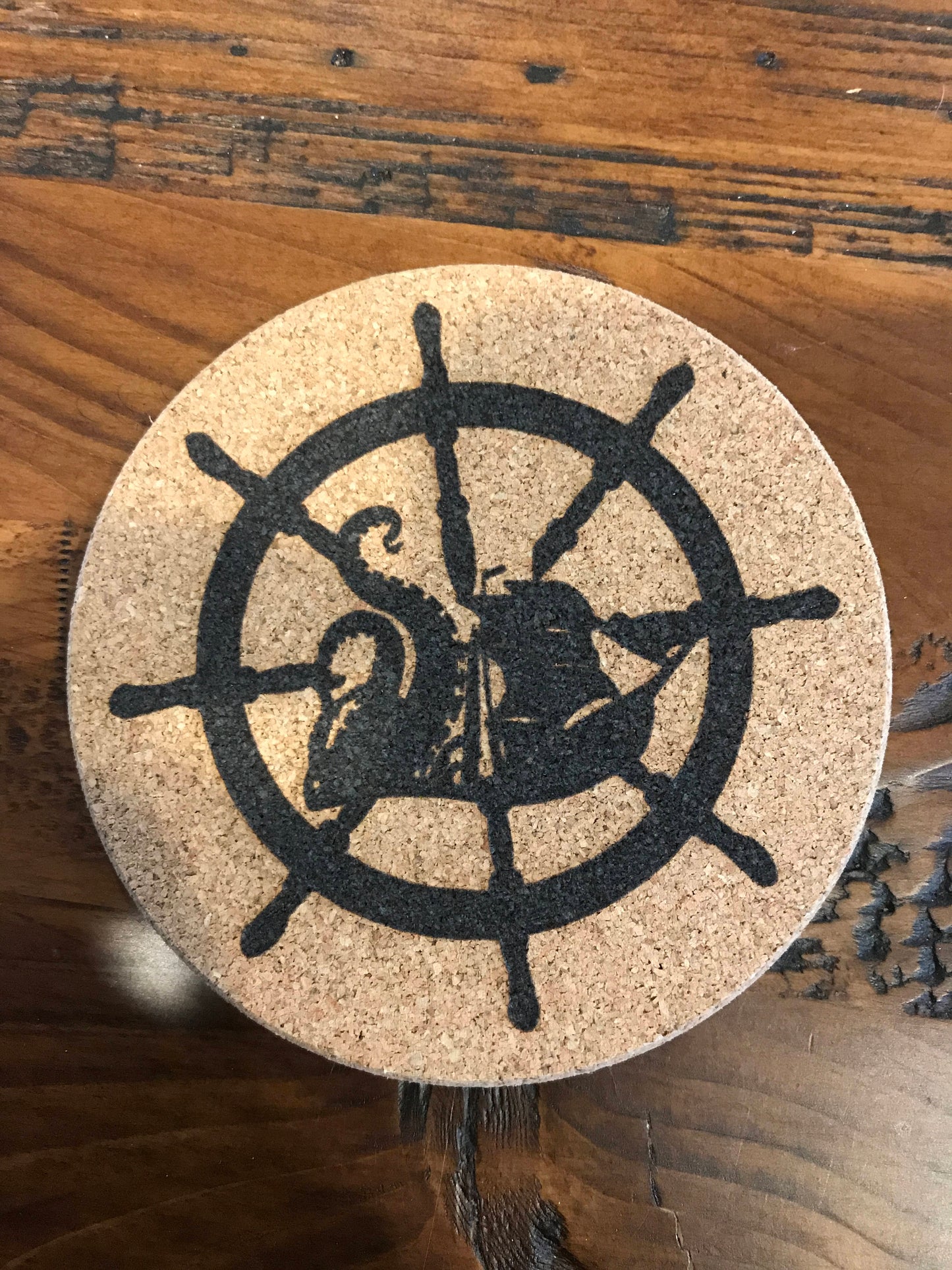 Kraken wheel Cork coaster laser engraved set of 4
