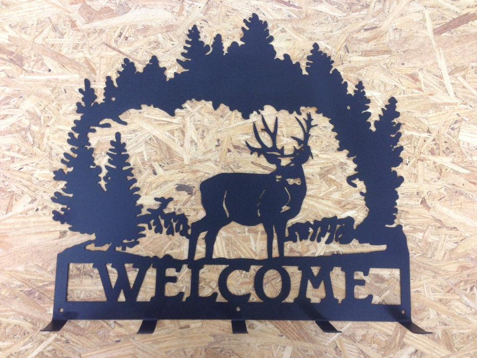 Deer scene coat rack welcome sign with trees