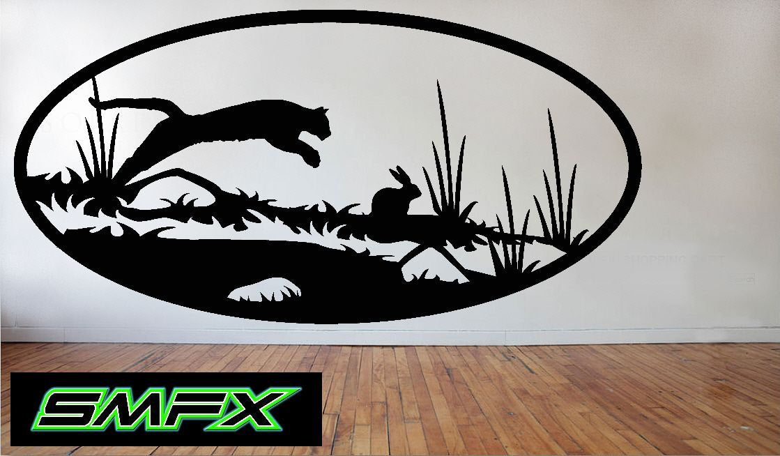 Cougar and rabbit Scene Metal wall art Oval Insert 14
