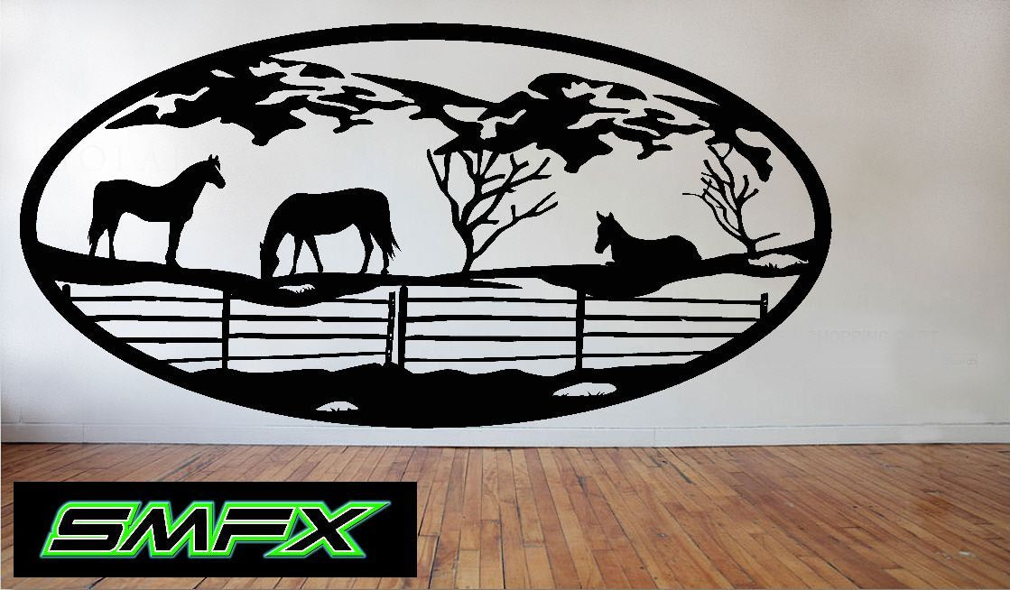 Horse in pasture Scene Metal wall art Oval Insert 15