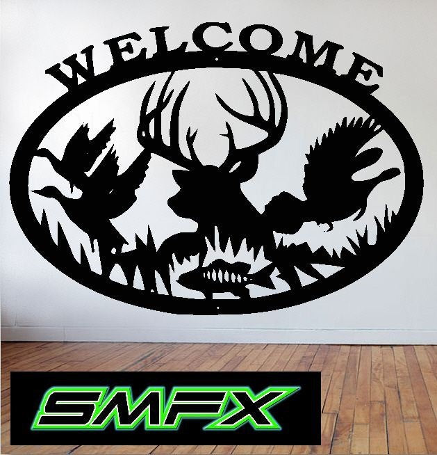 Deer welcome sign large wih ducks fish and phesants