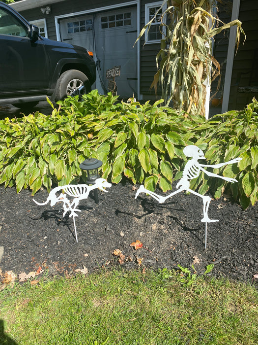 Running Skeleton and dog chasing Garden Yard Stake Halloween