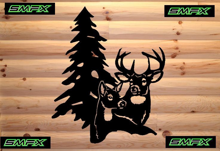 Deer doe and pine tree metal wall art