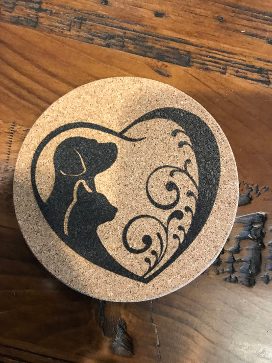 Dog and Cat Cork coaster laser engraved set of 4