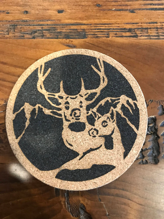 Buck and Doe Dear Cork coaster laser engraved set of 4