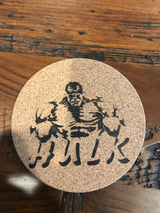 Hulk Cork coaster laser engraved set of 4