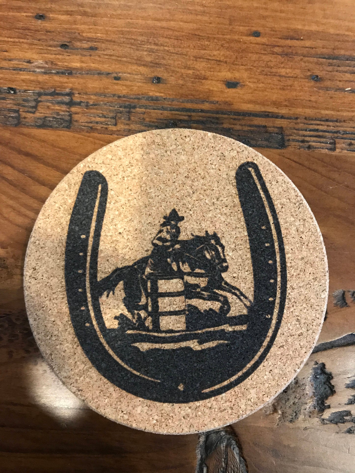 Horse in horse shoe  Cork coaster laser engraved set of 4