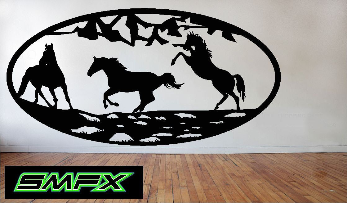 Horses froliking Scene Metal wall art Oval Insert 16