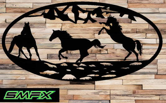 Horses froliking Scene Metal wall art Oval Insert 16