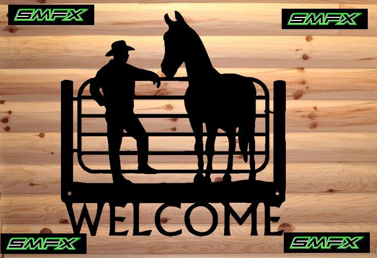 Cowboy and horse welcome sign