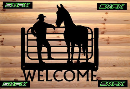 Cowboy and horse welcome sign