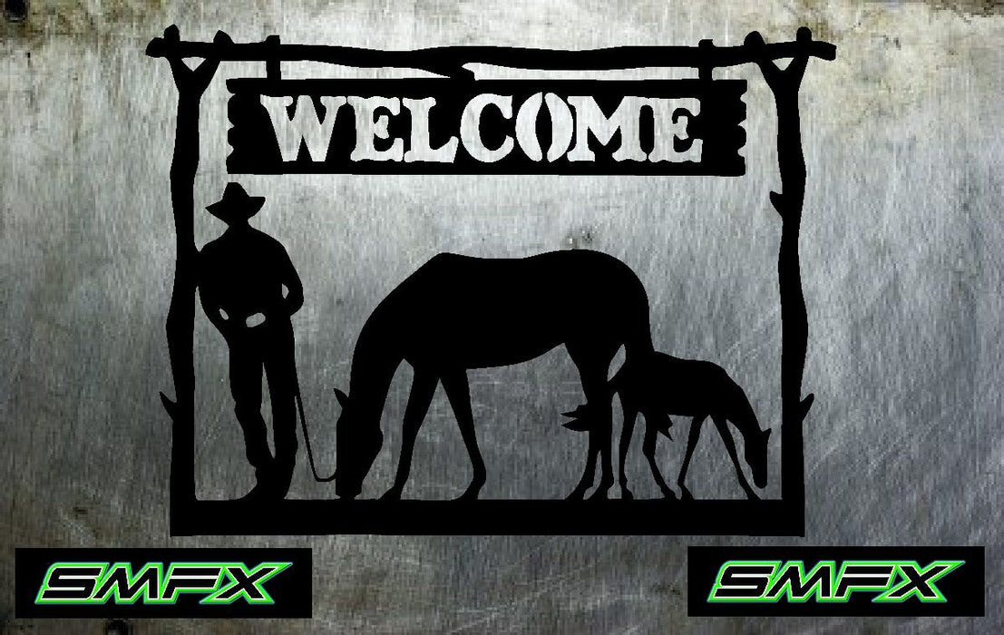 Cowboy leaning and horses welcome sign
