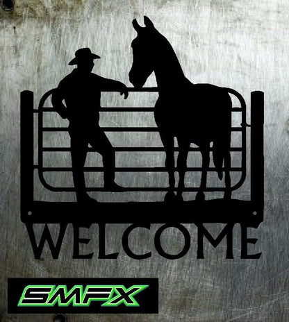 Cowboy and horse welcome sign