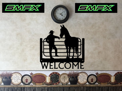 Cowboy and horse welcome sign