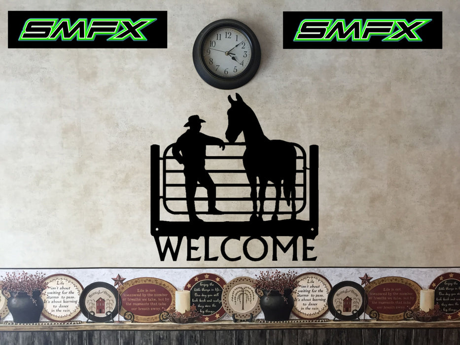 Cowboy and horse welcome sign
